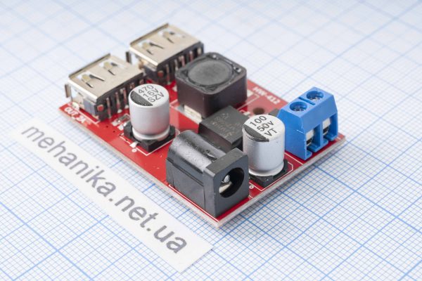 Перетворювач напруги знижуючий LM2596S, DC-DC, 6-40V/5V 3A, 2xUSB-вихід, гніздо 5.5x2.1