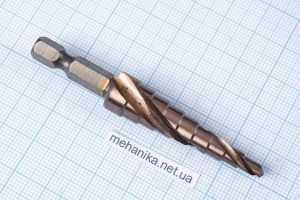 Свердло ступінчасте 4-12 мм, 9 ступенів, (сталь HSS-Co), з шестигранним хвостовиком
