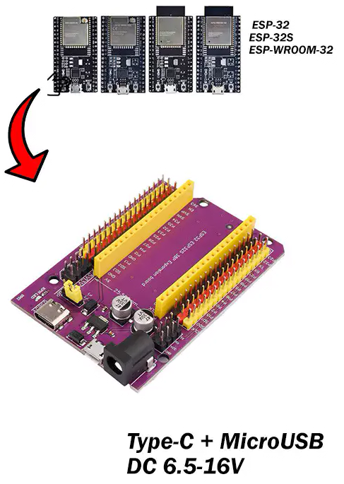 Плата розширення для ESP32, термінальний адаптер, 38 контактів (38 PIN), microUSB+Type-C