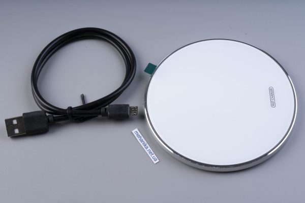 Бездротовий зарядний пристрій з LED індикацією, настільний, microUSB, діаметр 10 см, білий глянець
