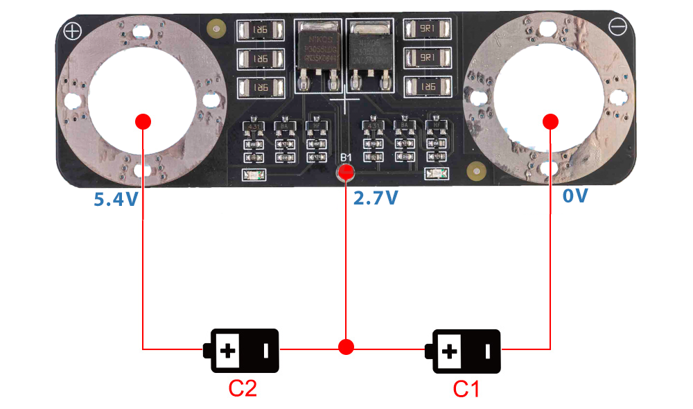 Плата захисту (балансир) суперконденсатора/іоністора, 5.4V(2Sx2.7V)/3000F, прямокутна