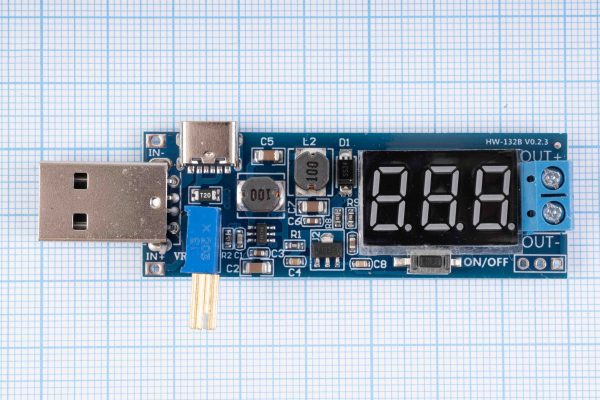Перетворювач напруги, підвищуючий/знижуючий HW-132B, USB-A, Type-C, DC-DC, 3.5V-12V/1.2V-24V, 3W